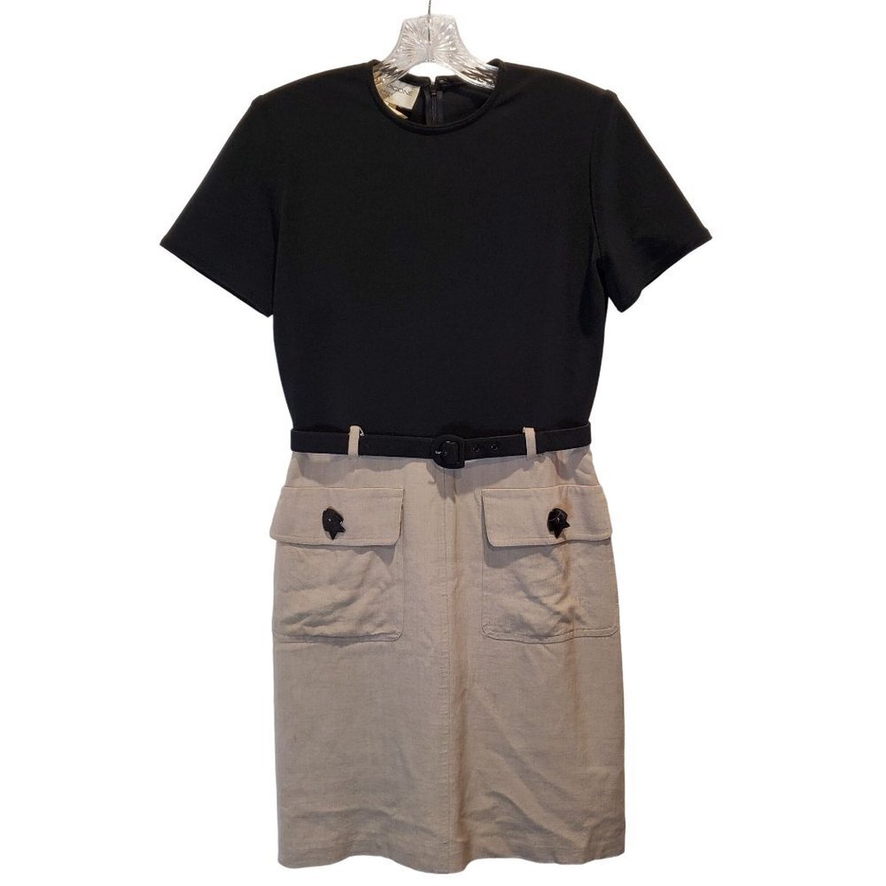 Vintage Evan Picone Black Tan Flax Blend Dress with Belt/Fish Buttons Size 8P